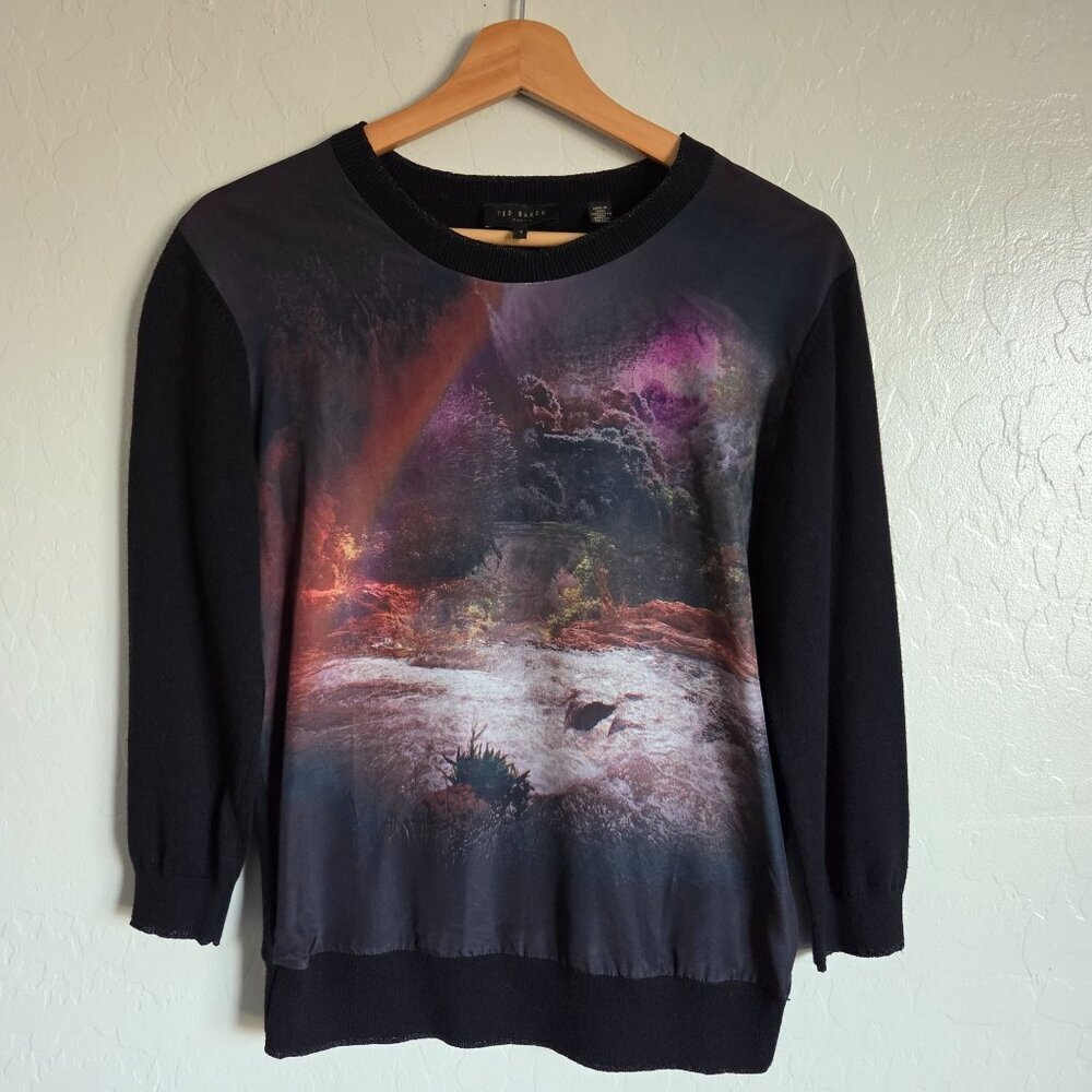 Ted Baker Bracha Waterfall Knit Sweater Black Sz Womens 4 Cashmere Silk Rainbow